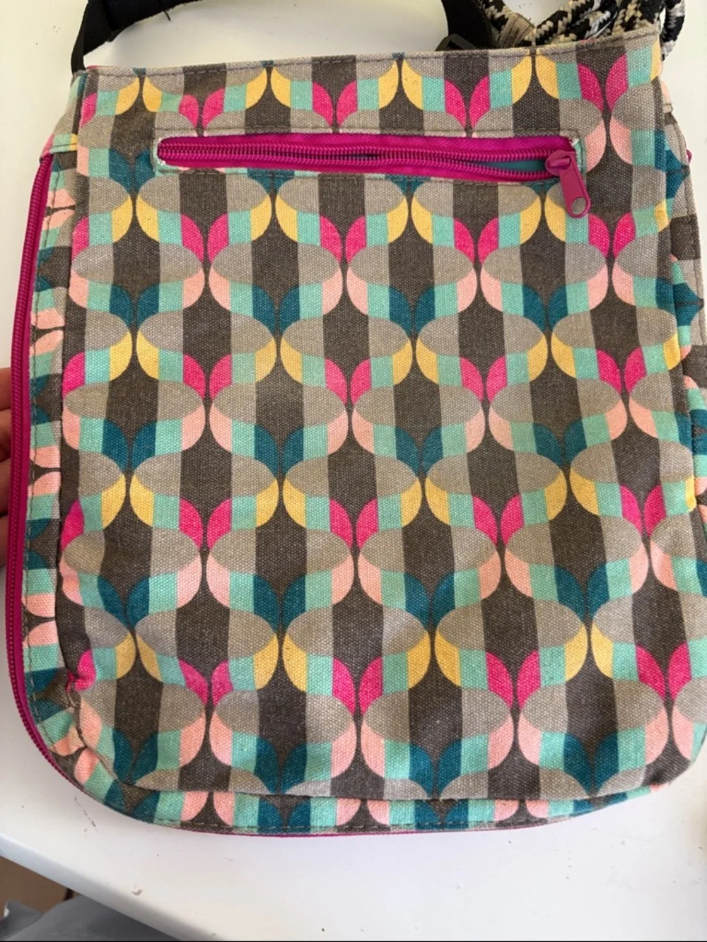 Kavu Multicolor Geo Zipper Expandable Crossbody Bag - Gray, Pink, Teal & Yellow